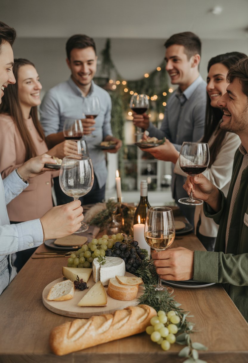A group of young adults enjoying wine and cheese around a wooden table at an engagement party.